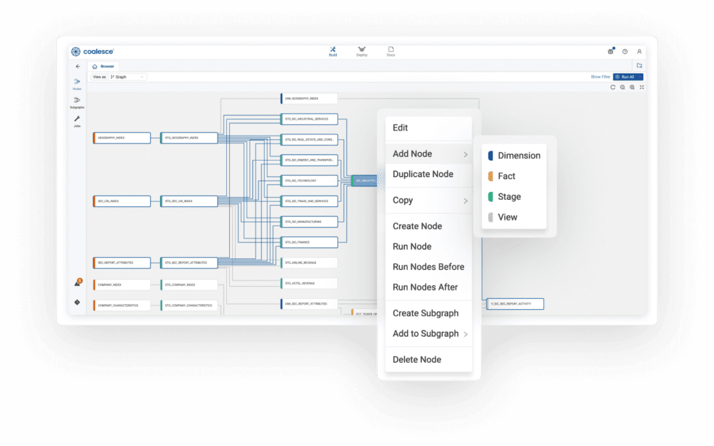 Coalesce visual data pipeline DAG editor showing a graph of connected tables and nodes with context menu options to add, edit, or run nodes such as dimensions, facts, stages, and views.