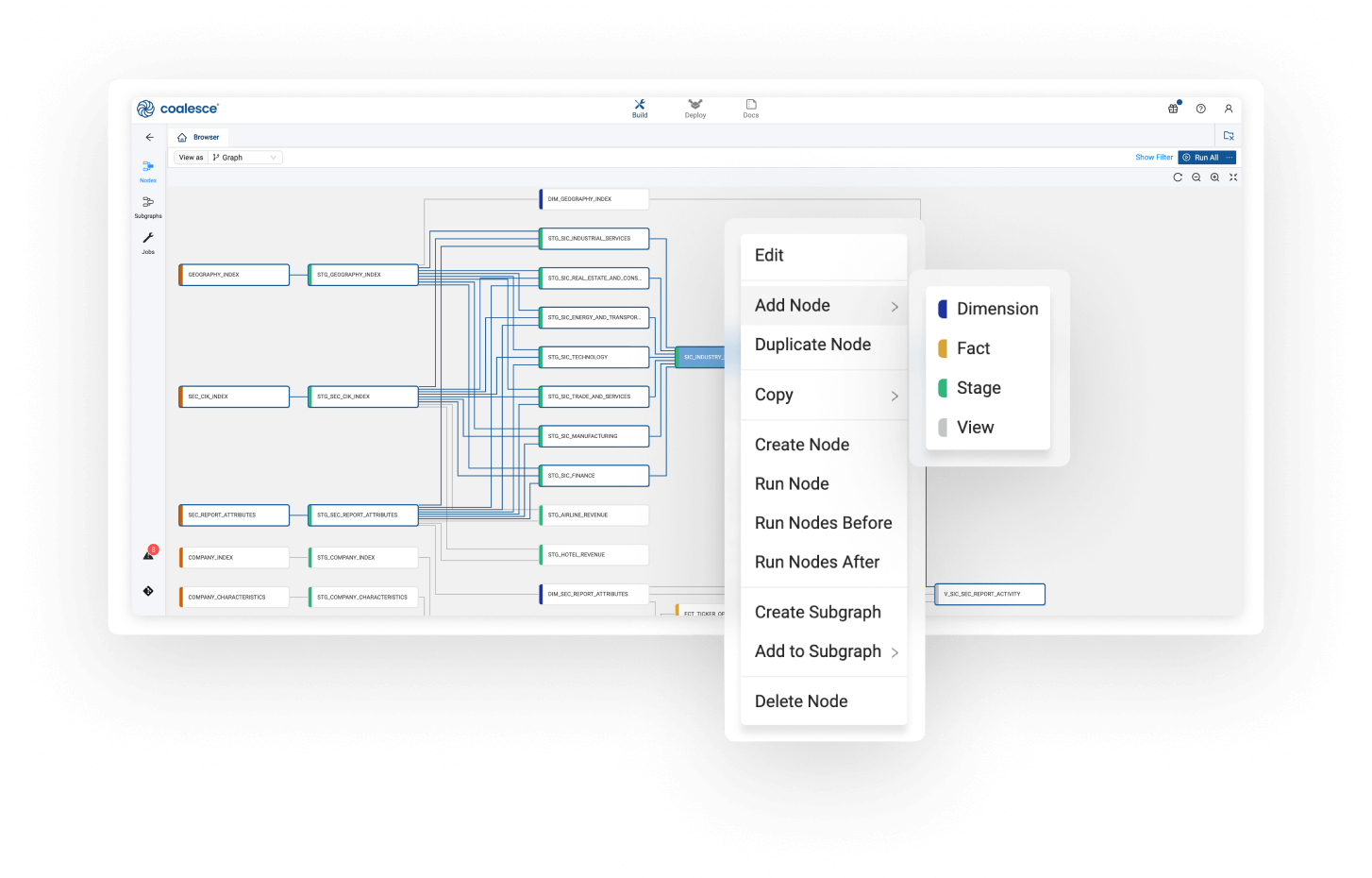Coalesce visual data pipeline DAG editor showing a graph of connected tables and nodes with context menu options to add, edit, or run nodes such as dimensions, facts, stages, and views.