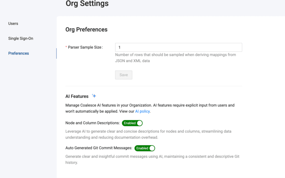 Coalesce AI features org settings UI, including automatic node and column descriptions and Git commit messages