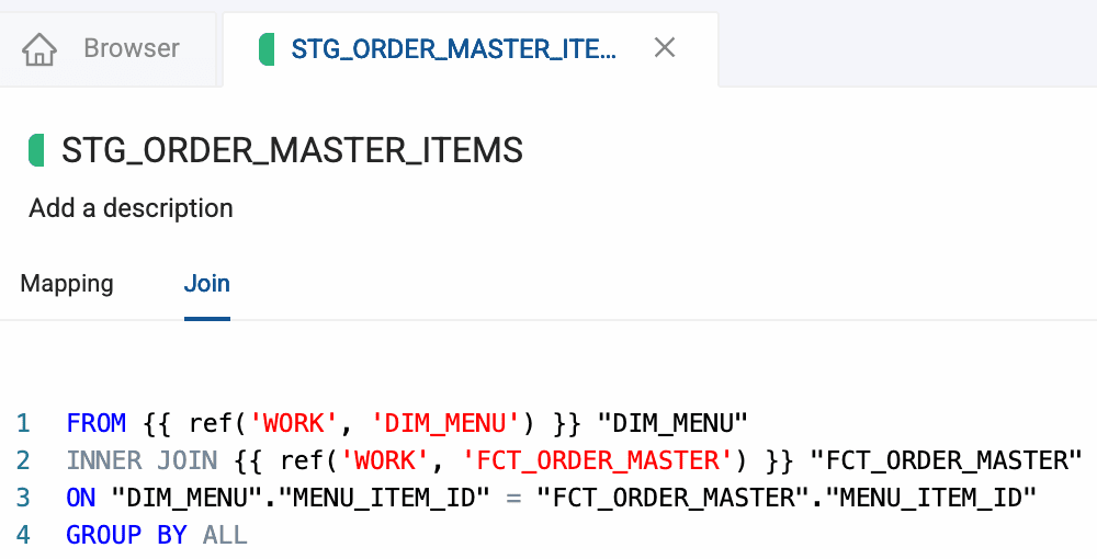 SQL join script in the Coalesce data transformation interface showing a staging node named STG_ORDER_MASTER_ITEMS joining DIM_MENU and FCT_ORDER_MASTER tables for Databricks data modeling.