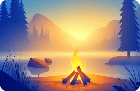Animated campfire by a serene lake with mountain backdrop at sunset – Camp Coalesce virtual data engineering camp.
