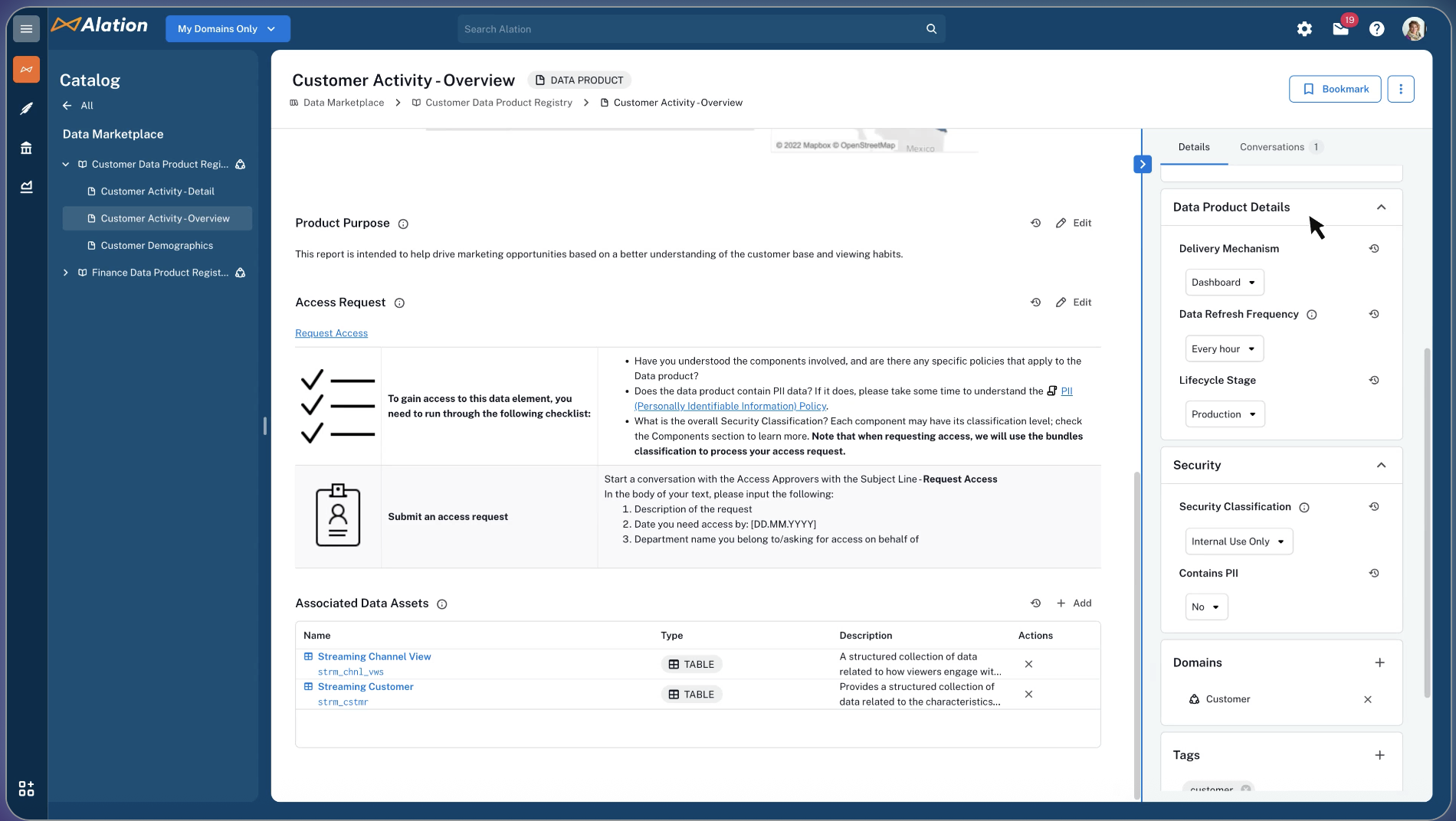 Alation catalog interface showing tasks, data assets, and a dropdown menu with features like glossary, AI governance, stewardship, and usage analytics.