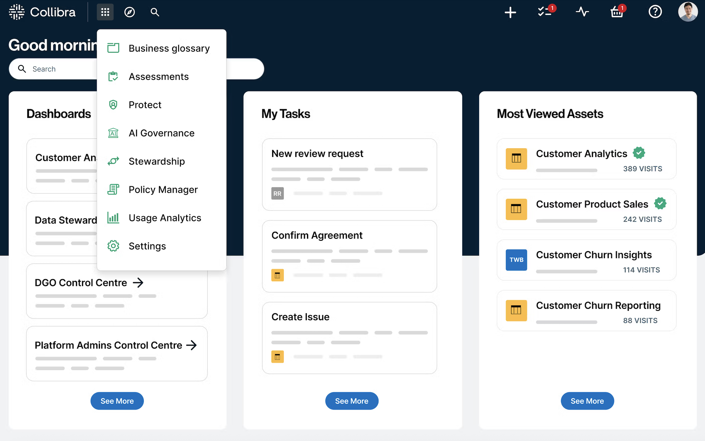 Collibra dashboard interface showing tasks, data assets, and a dropdown menu with features like glossary, AI governance, stewardship, and usage analytics.