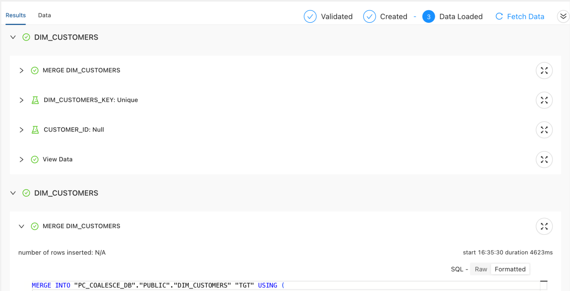 Coalesce execution UI showing DIM_CUSTOMERS merge results, validations for unique keys, null tests, SQL command snippet.