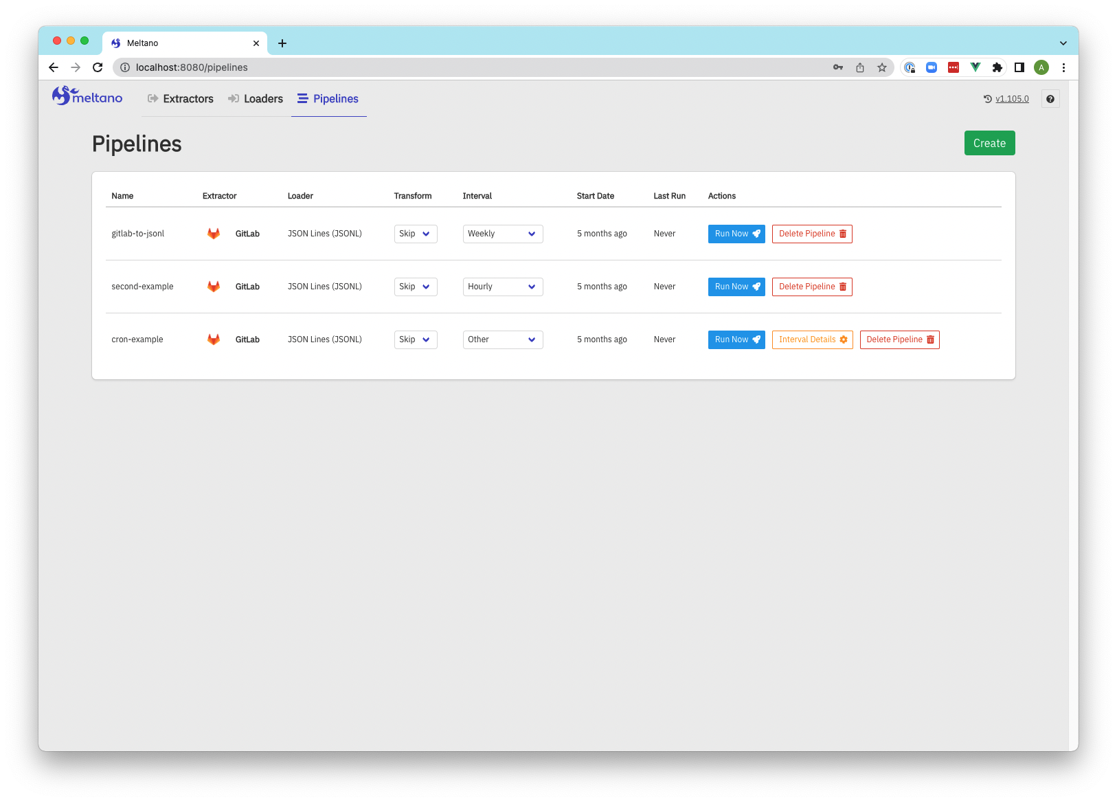 Screenshot of Meltano's interface
