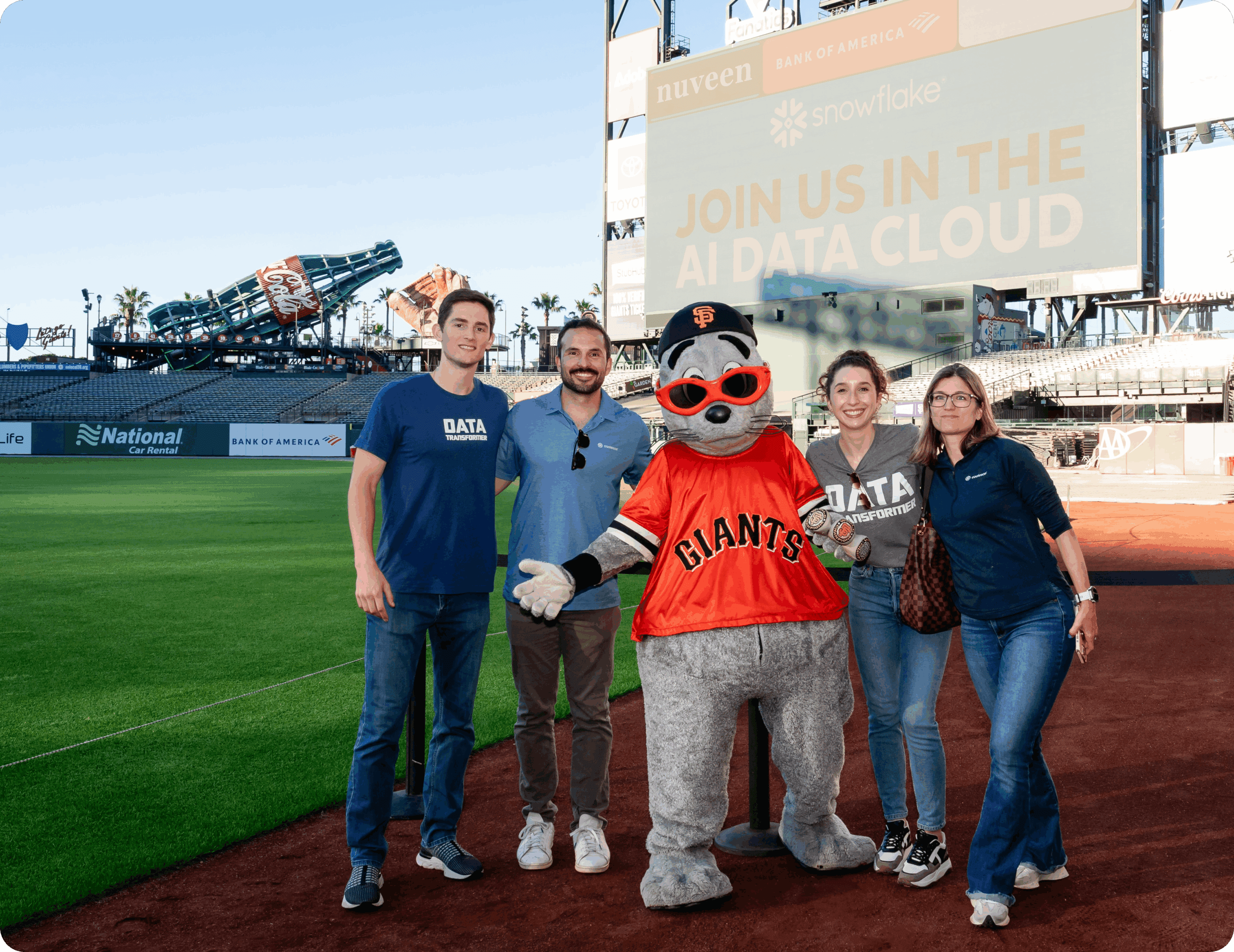 Coalesce team members pose for a group photo in Giants stadium with mascot