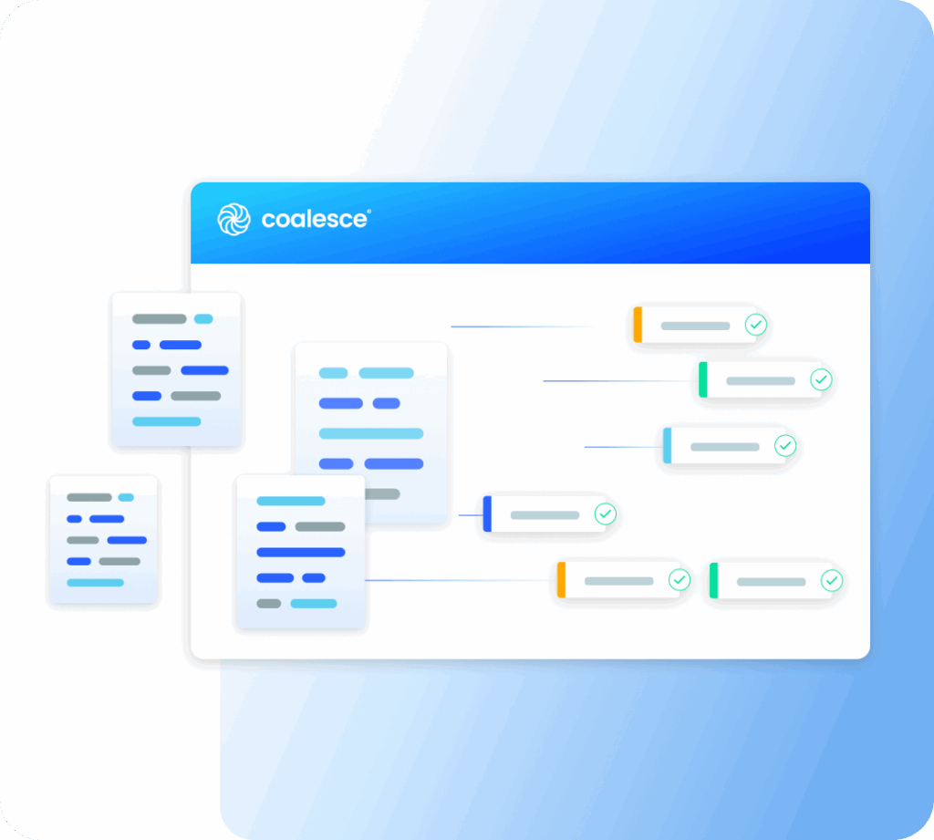 Stylized screenshot of Coalesce UI showing automated metadata lineage tracking with node-style panels connected by colored links on a blue gradient background.