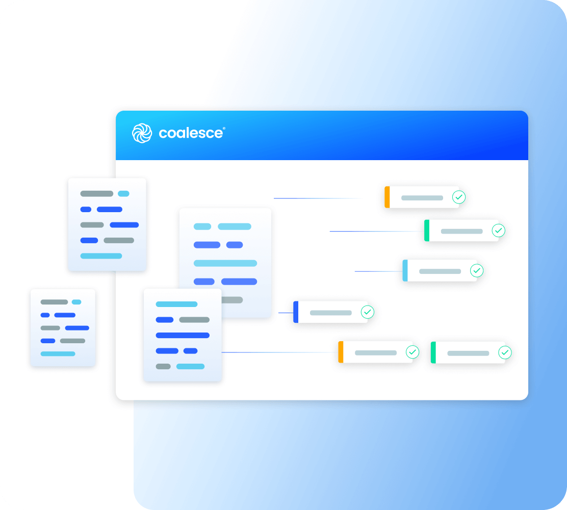 Stylized screenshot of Coalesce UI showing automated metadata lineage tracking with node-style panels connected by colored links on a blue gradient background.