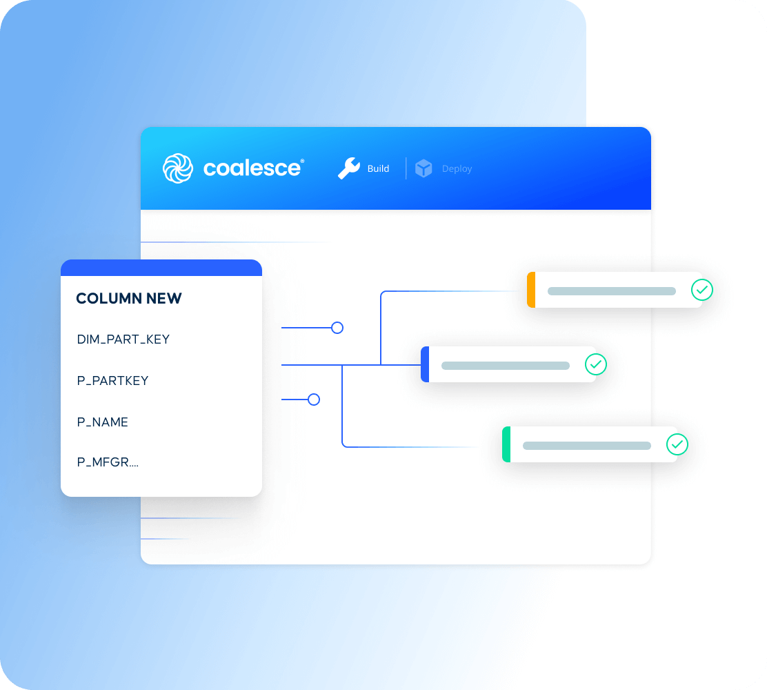 Stylized Screenshot of Coalesce interface showing columns in a metadata panel linked via visual connectors to AI model panels with check-marks