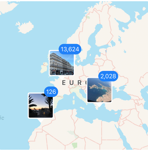 Apple Photos map view clustering images across Europe (13,624; 2,028; 126) using geolocation metadata, with thumbnails representing each region.