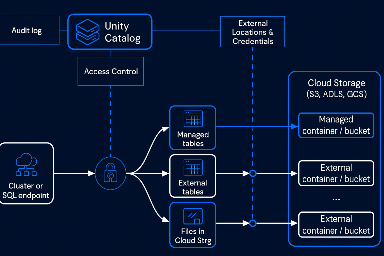 Diagram of Databricks Unity Catalog showing access control and audit logs governing managed tables, external tables, and files in cloud storage (S3, ADLS, GCS) via external locations.