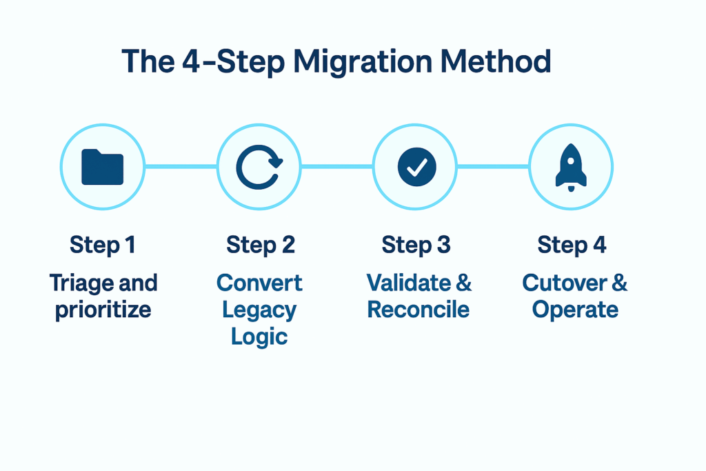 Visual timeline illustrating the 4-step Snowflake data migration process from legacy systems, including steps to triage and prioritize, convert legacy logic, validate and reconcile, and cutover and operate, using Coalesce’s modern migration framework.