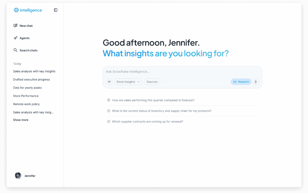 User interface of Snowflake Intelligence showing conversational data insights search. The dashboard welcomes the user with personalized AI-driven recommendations and allows querying business metrics like sales performance, supply chain status, and supplier renewals.